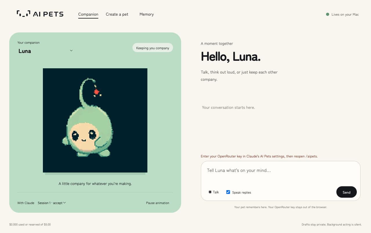Luna in the AI Pets companion beside a conversation window