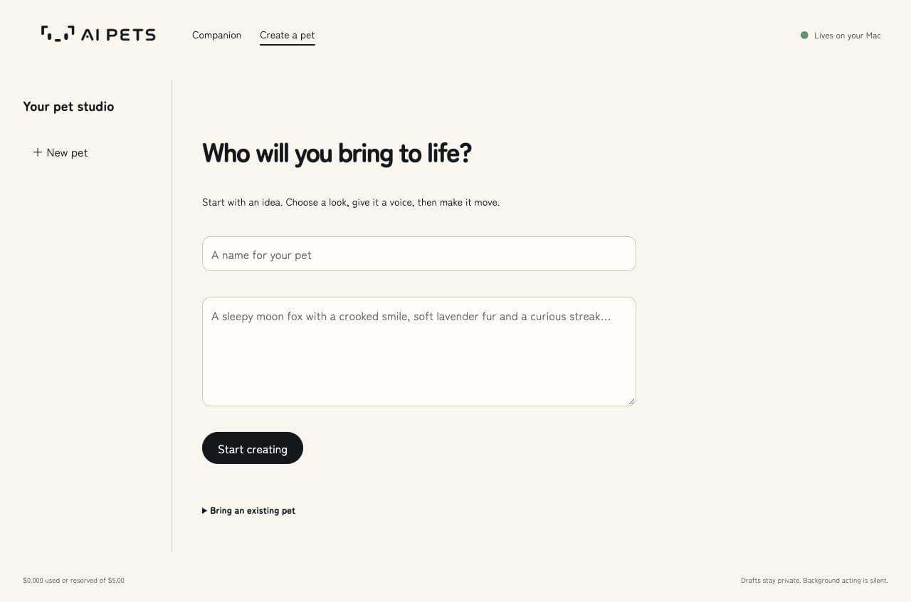 The AI Pets studio with fields for a pet name and character description, plus an option to bring an existing pet