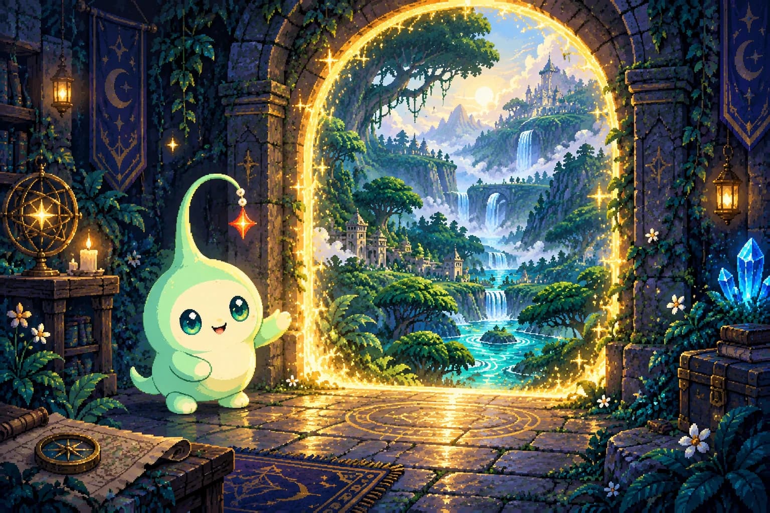 Luna smiles and invites you through a glowing portal from a dark stone room into a vast jungle with rivers and waterfalls.