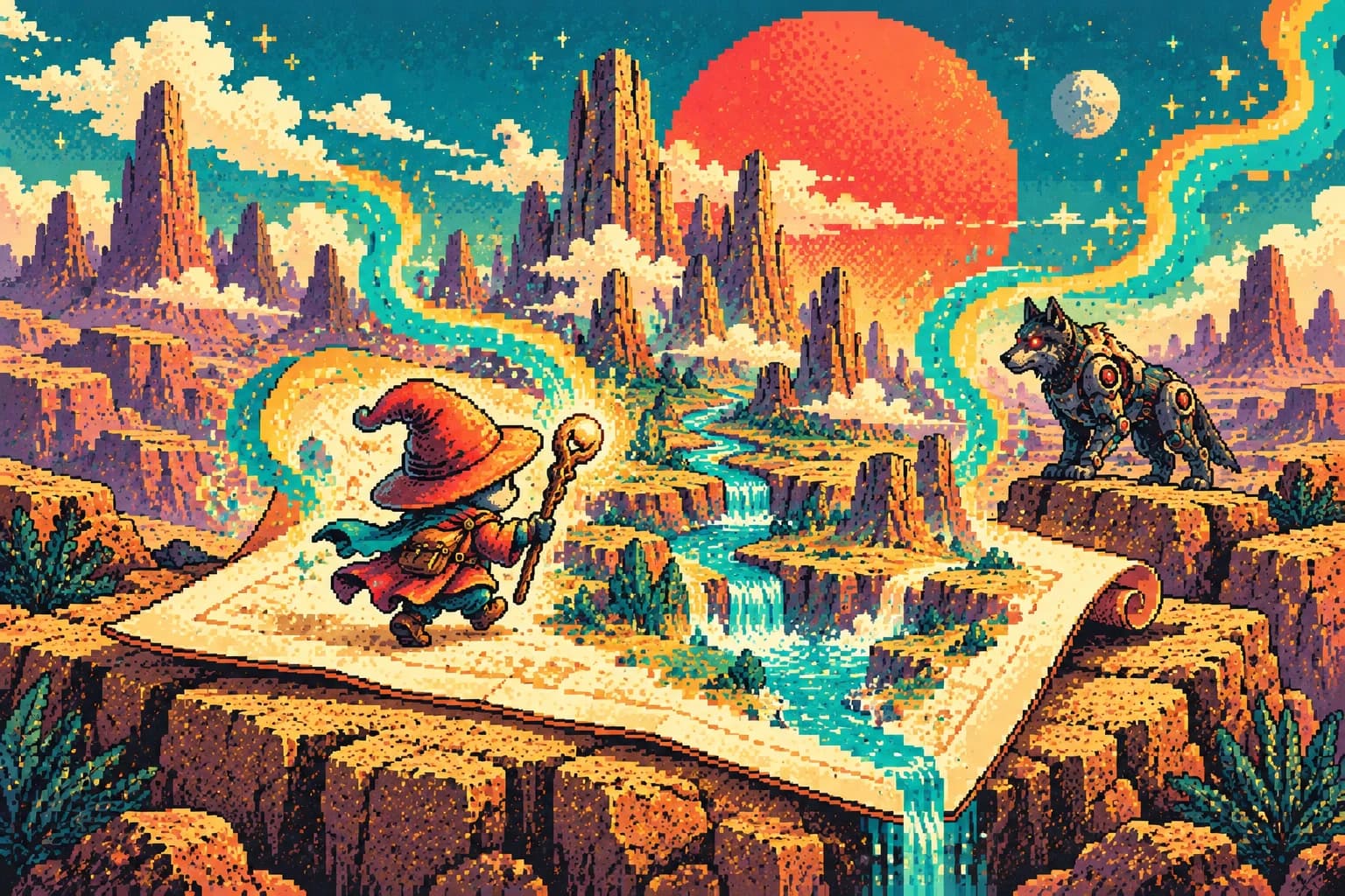A pixel-art wizard explores a world unfolding from a scroll, with a mechanical wolf across the canyon