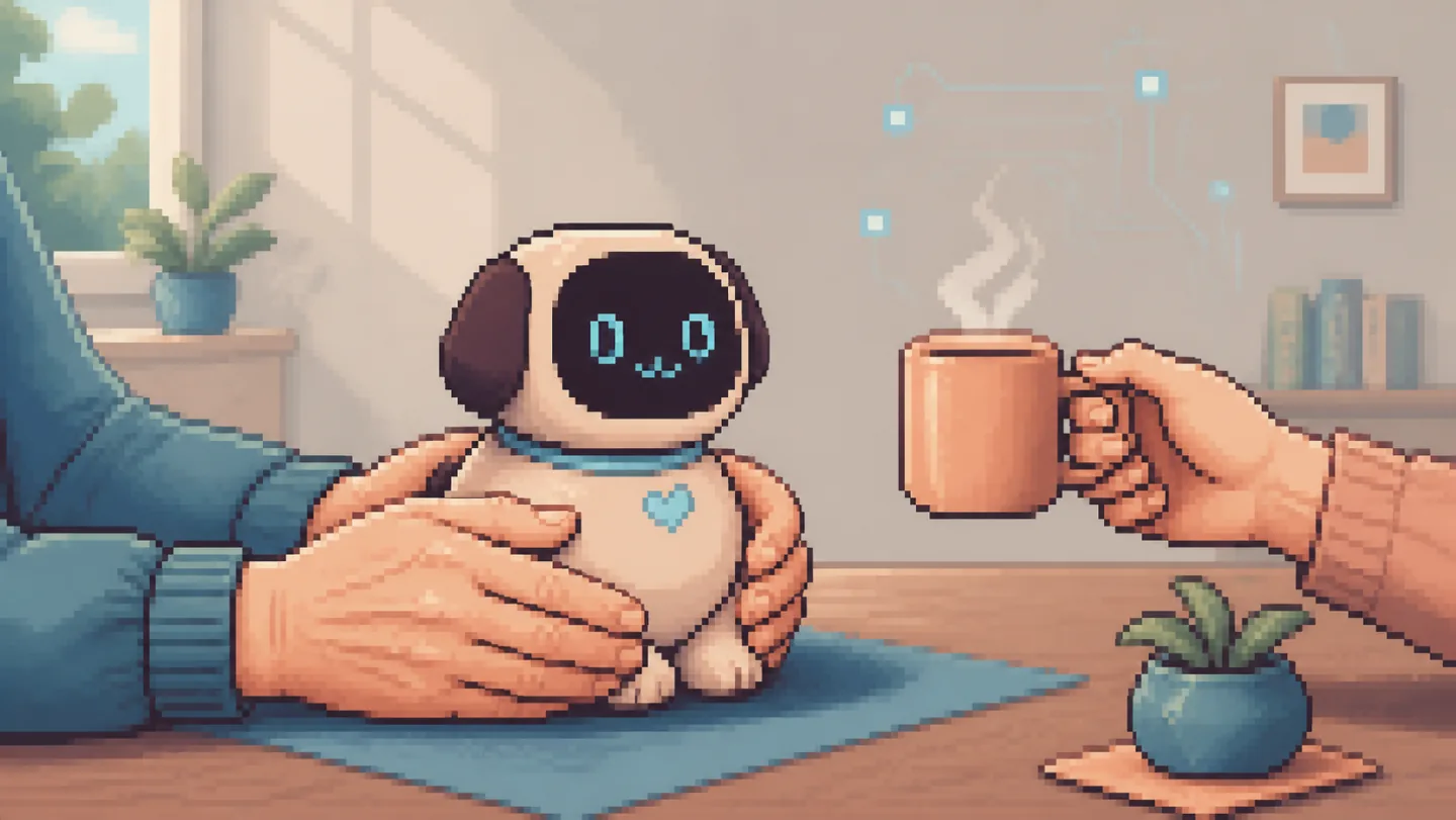 Pixel-art scene of an older adult holding an AI companion while sharing a quiet human moment