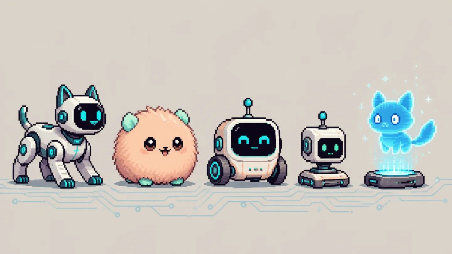 Pixel-art lineup of different AI pet and robot companion designs