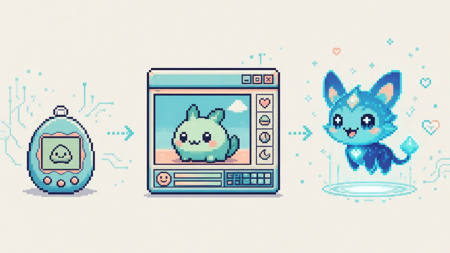 Pixel-art evolution from a handheld digital pet to a modern AI companion