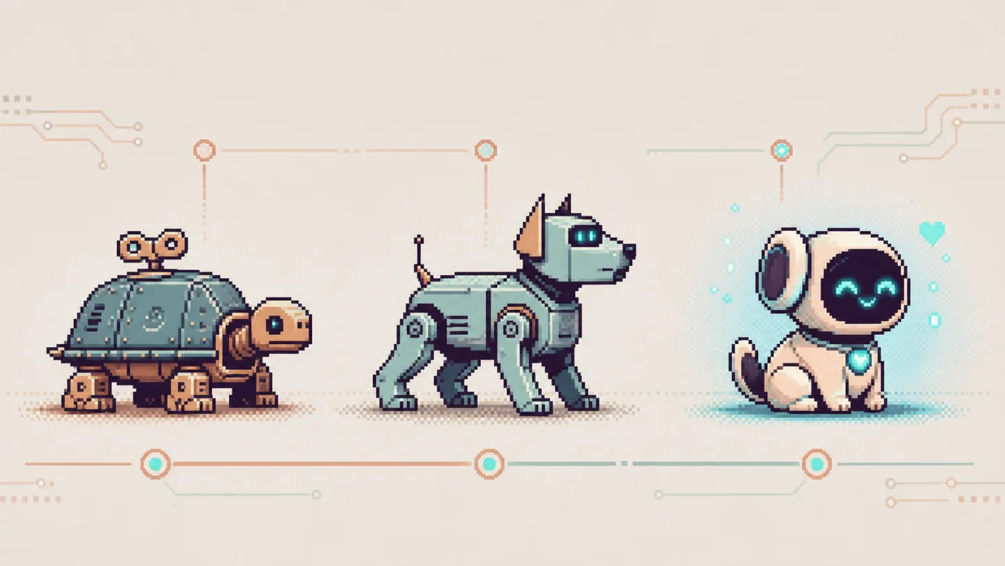 Pixel-art evolution from an early mechanical robot pet to a modern AI companion