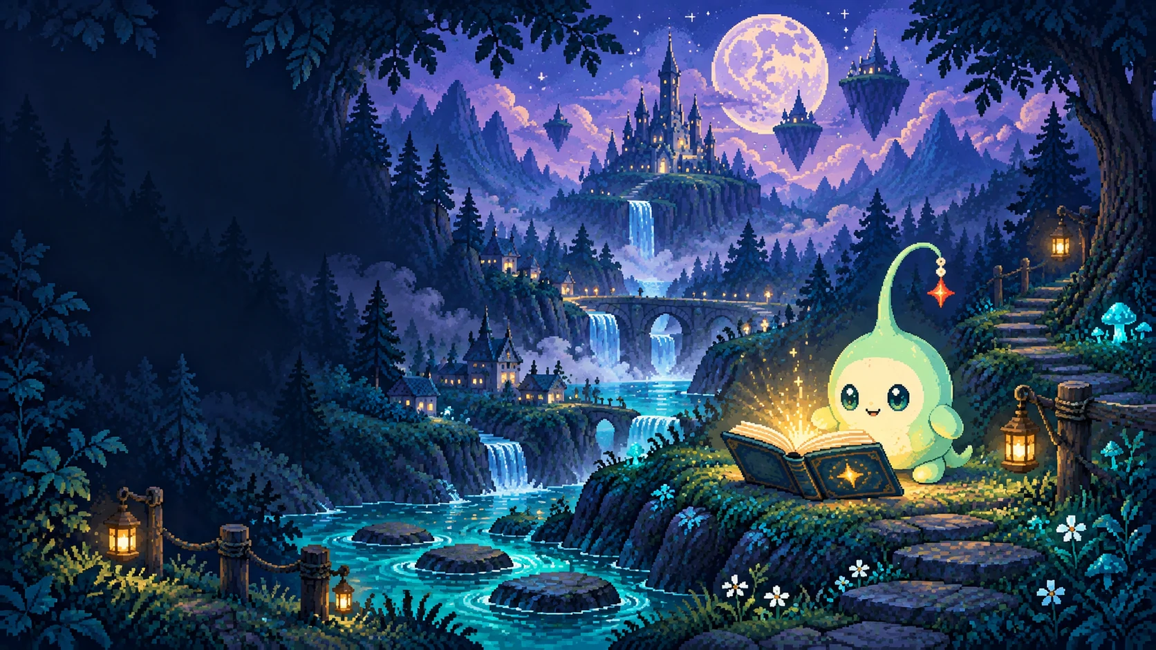 Luna opens a glowing storybook beside a moonlit stream, with castles beyond the forest.